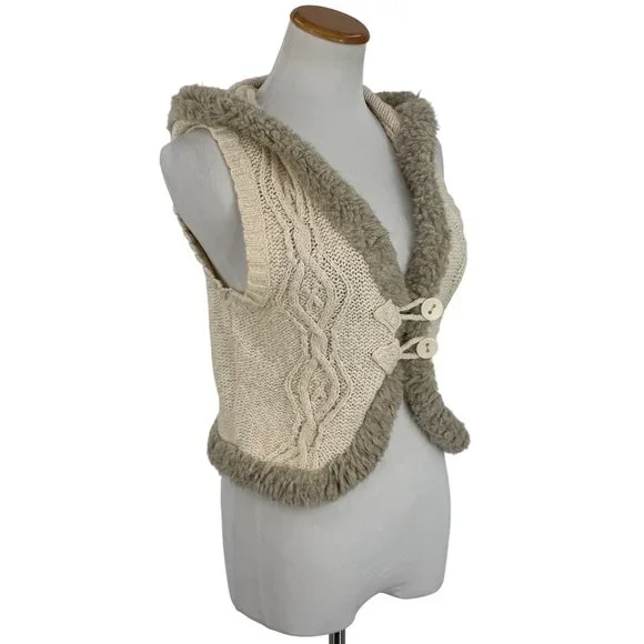 Vtg Y2K Old Navy Cream Cable Knit Faux Shearling Trim Hooded Boho Sweater Vest L - Picture 12 of 16